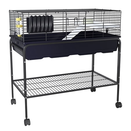 Small Animal Cage with Detachable Stand, Rolling Metal Rabbit Cage with Food Dish, Water Bottle, Hay Feeder, Platform & Ramp, Perfect for Guinea Pig, Hedgehog, Chinchilla, Ferret