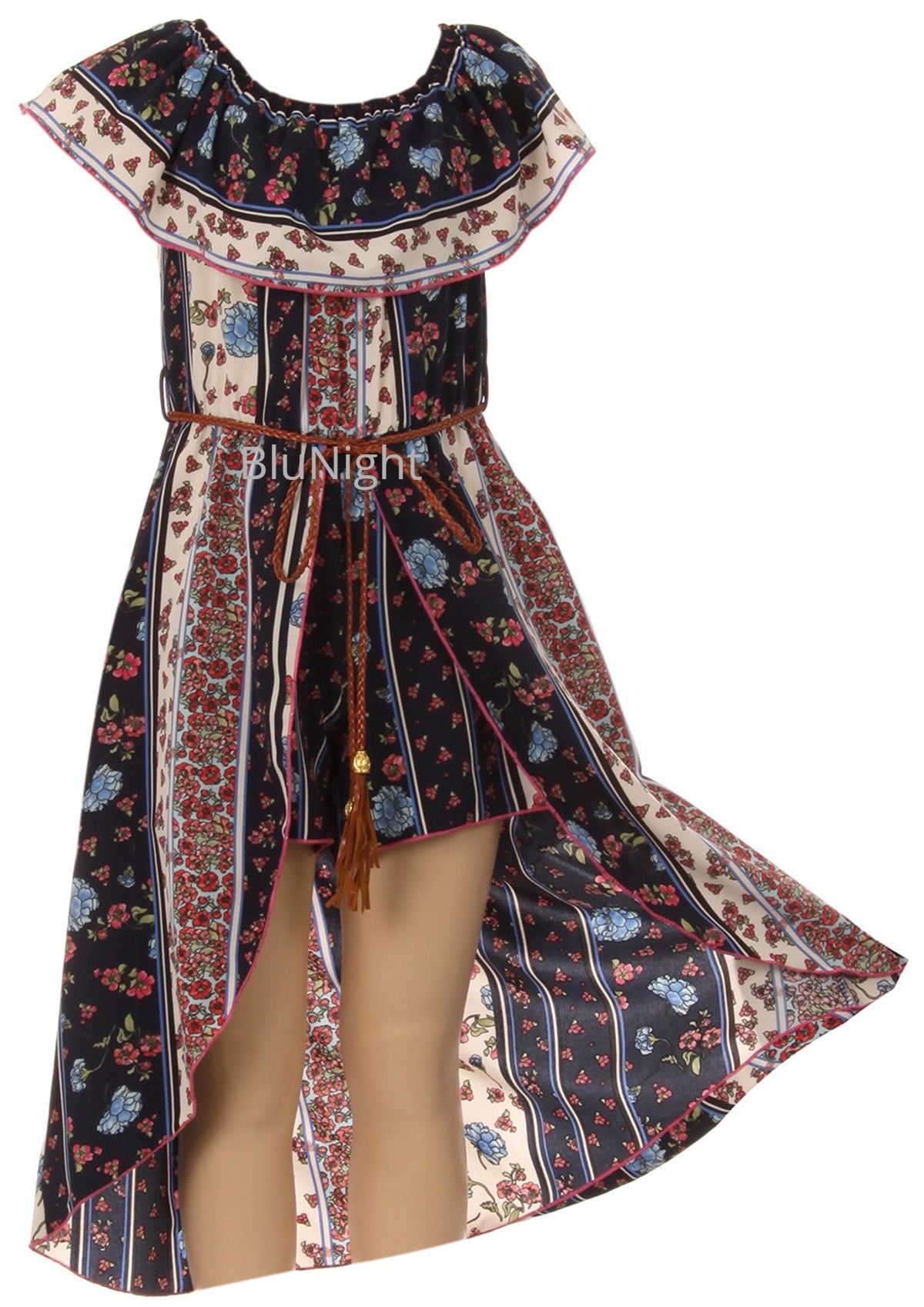 Little Girls 2 Ways Ruffle Hi Lo Maxi Skirt Romper Belt Jumpsuit Floral