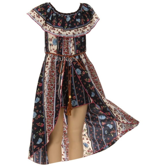 Little Girls 2 Ways Ruffle Hi Lo Maxi Skirt Romper Belt Jumpsuit Floral Romper USA Navy 4 (2J1K77S)
