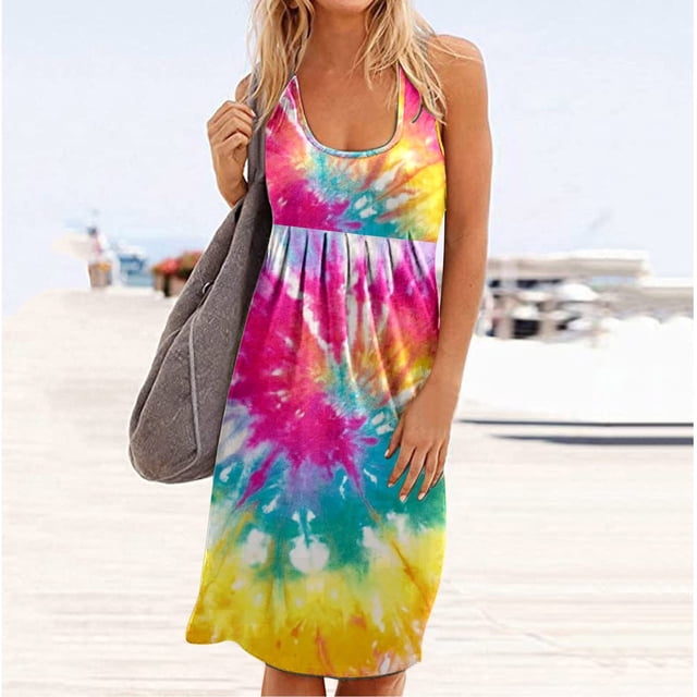 SMihono Robe Bohème d'Été pour Femmes Grande Taille Robe d'Été Décontractée pour Femmes Robe Sans Manches Robe de Plage à Col Rond Robe Débardeur Imprimée Robe de Soirée