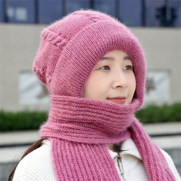 Ajshakl New Years Eve Hats, Integrated Ear Windproof Cap Scarf Knitting Thick Warm Guard Hat Hooded Women Winter Knitted, Pink