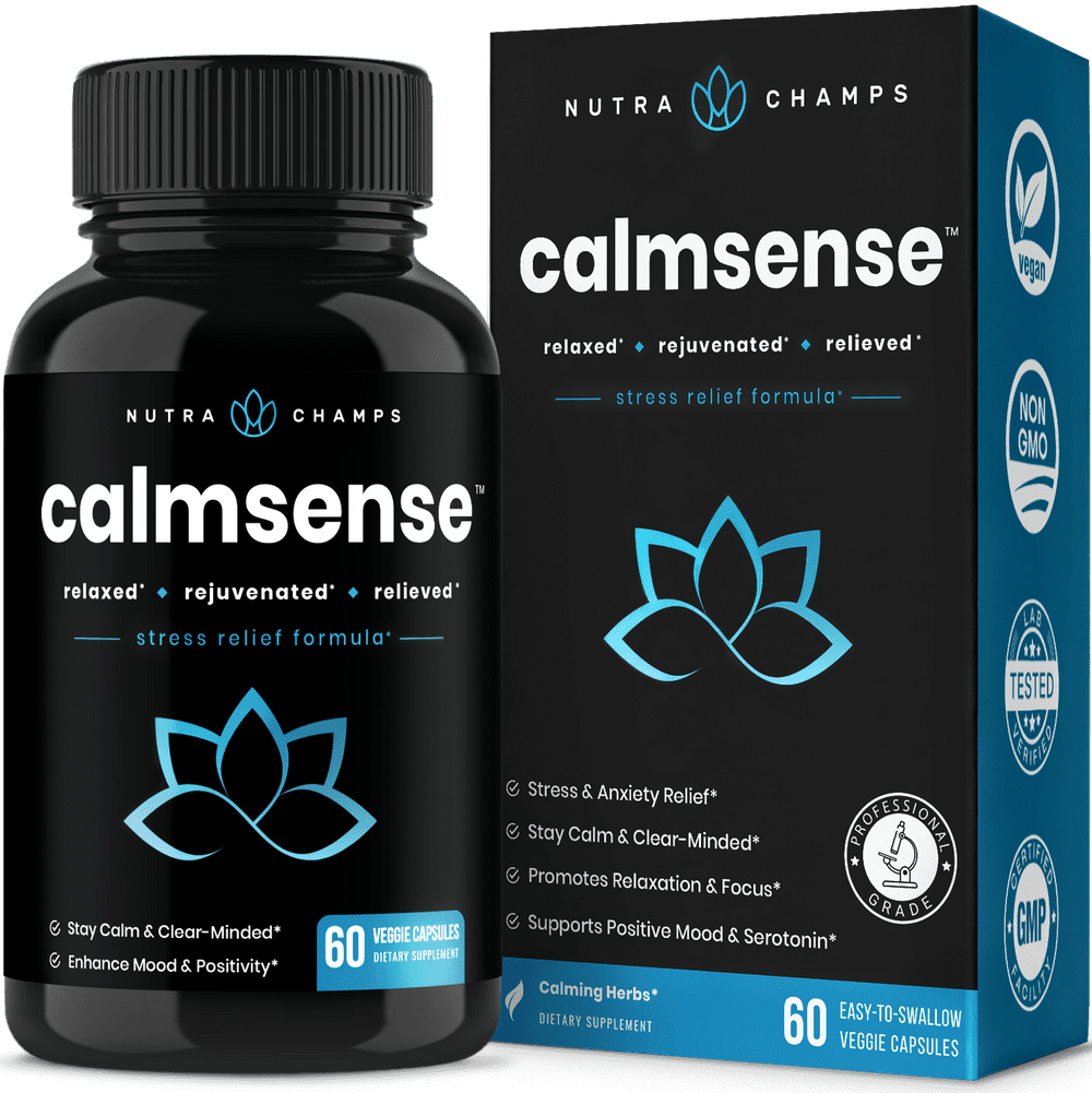 NutraChamps CalmSense Stress Relief Supplement - Calming Herbal Blend & Vitamin B Complex - Keep Your Mind & Body Relaxed, Focused & Positive - Supports Serotonin Increase, Boosts Mood - 60 Count