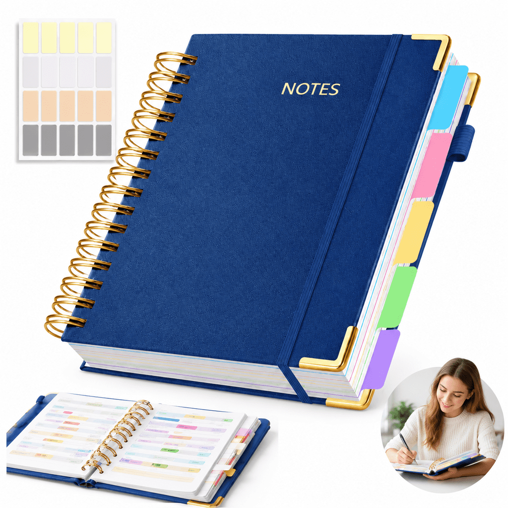 LU TANSHENG B5 Hardcover Spiral Lined Journal Notebook, 8"x10", 300 Pages, Detachable Index Tabs, Navy Blue Leather Lining Planner
