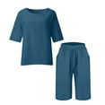 thumbnail image 4 of UAMVSH Womens Plus Size Capri Sets Cotton Linen 2 Piece Outfits Soft 3/4 Sleeve Side Slit Pullover Tops Cropped Shorts with Pockets(XX-Large,Dark Blue 2), 4 of 5