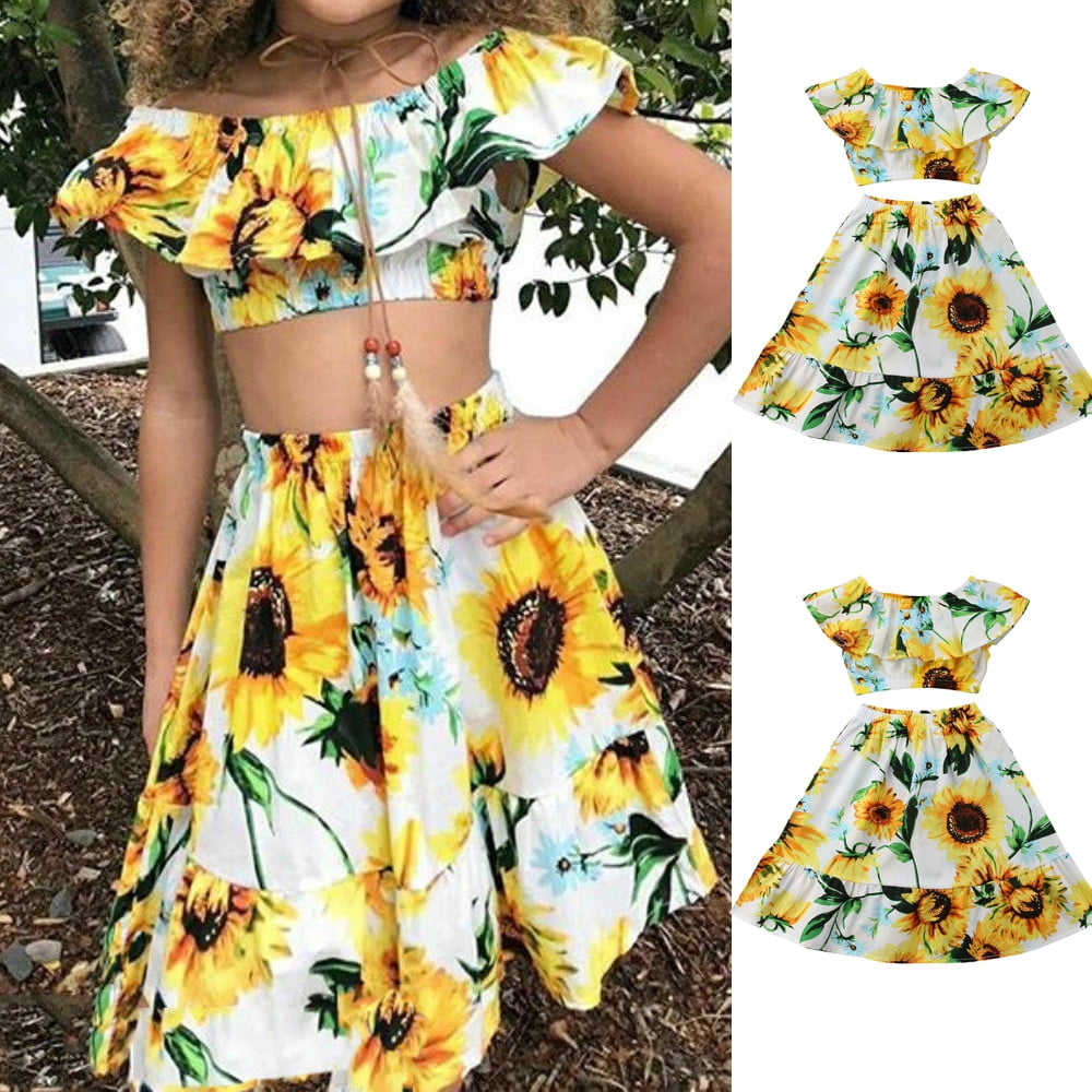 Toddler Kids Baby Girls Off Shoulder Crop Tops Ruffle Sunflower Skirt Outfit Clothes Set