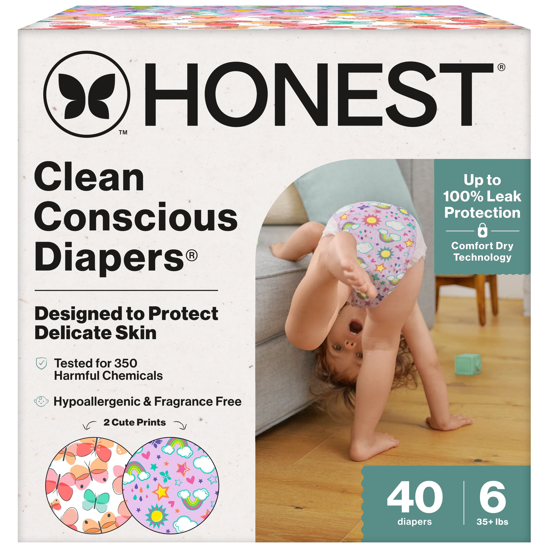 The Honest Company Clean Conscious Diapers® | Up to 100% Leak Protection I Designed to Protect Delicate Skin I Hypoallergenic + Fragrance Free | Sky's the Limit + Wingin It, Size 6, 40 Count Club Box