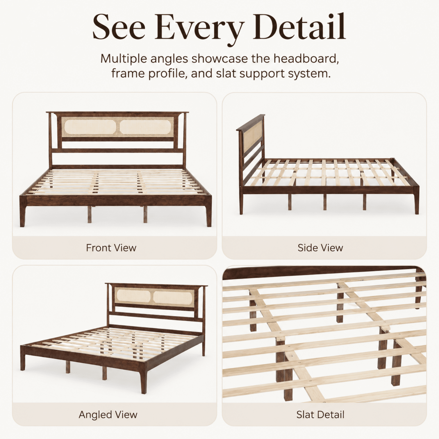 Miniyam King Bed Frame with PE Rattan Headboard, Pine Platform Bed, Walnut