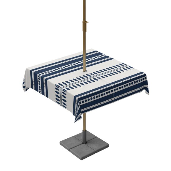 Outdoor Tablecloth with Umbrella Hole and Zipper, Navy Blue Stripes Polka Dot Square Waterproof Table Cover 54x54in Washable Table Cloth for Patio Picnic Party
