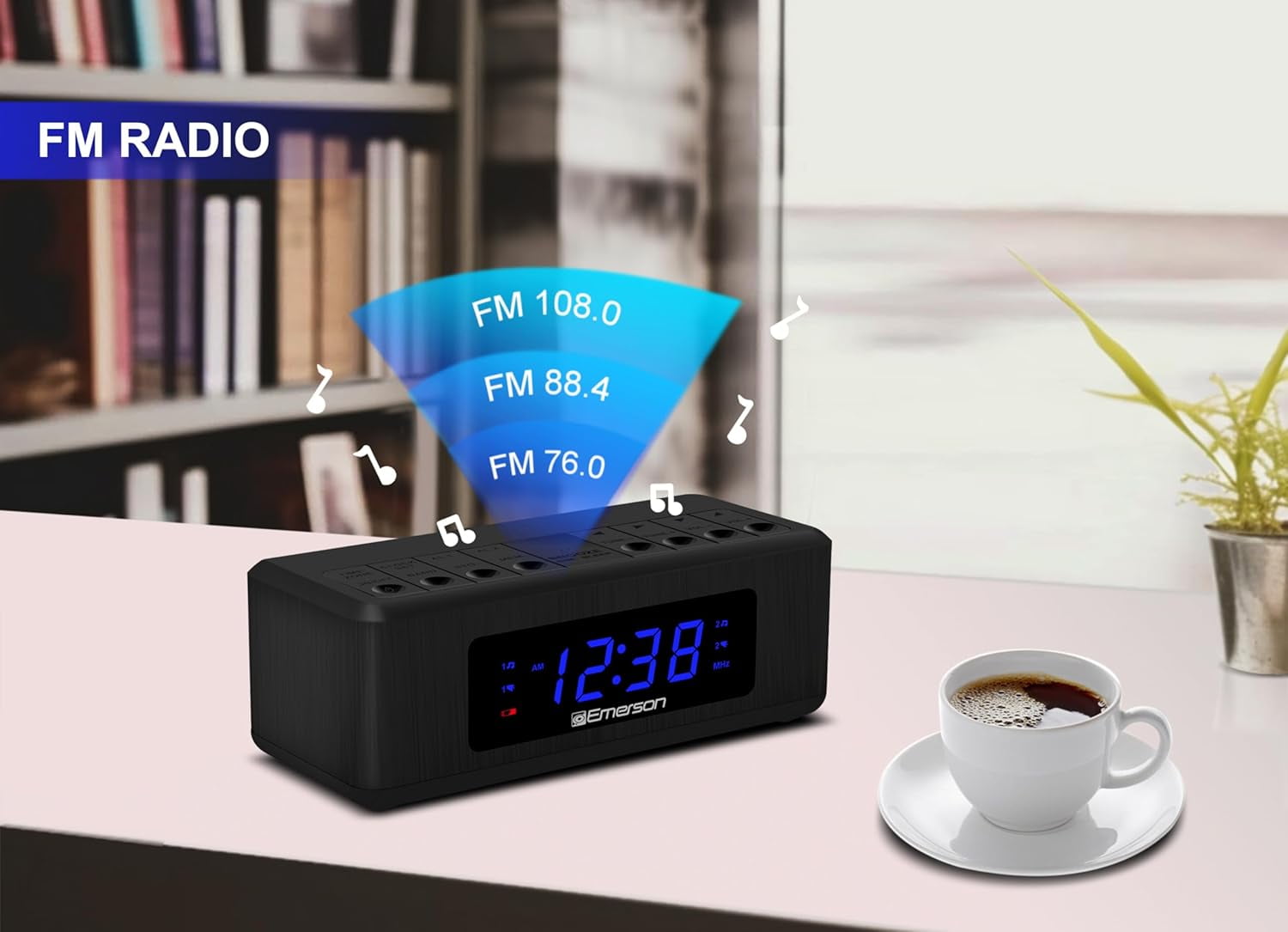 Emerson AM/FM Dual Alarm Clock Radio with 0.6" Blue LED Display, 4-Level dimmer, and Wake to Radio/Buzzer Alarm, Black - CK2023