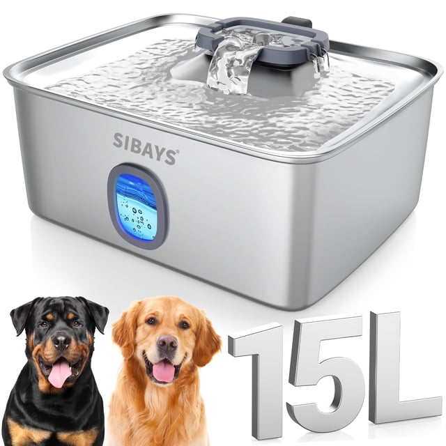 Fuente de agua para perros SIBAYS de acero inoxidable de 15 litros con luz LED