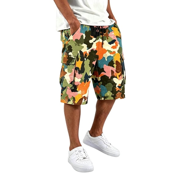 Mens Travel Pants Printed Drawstring Straight Pocket Workwear Shorts