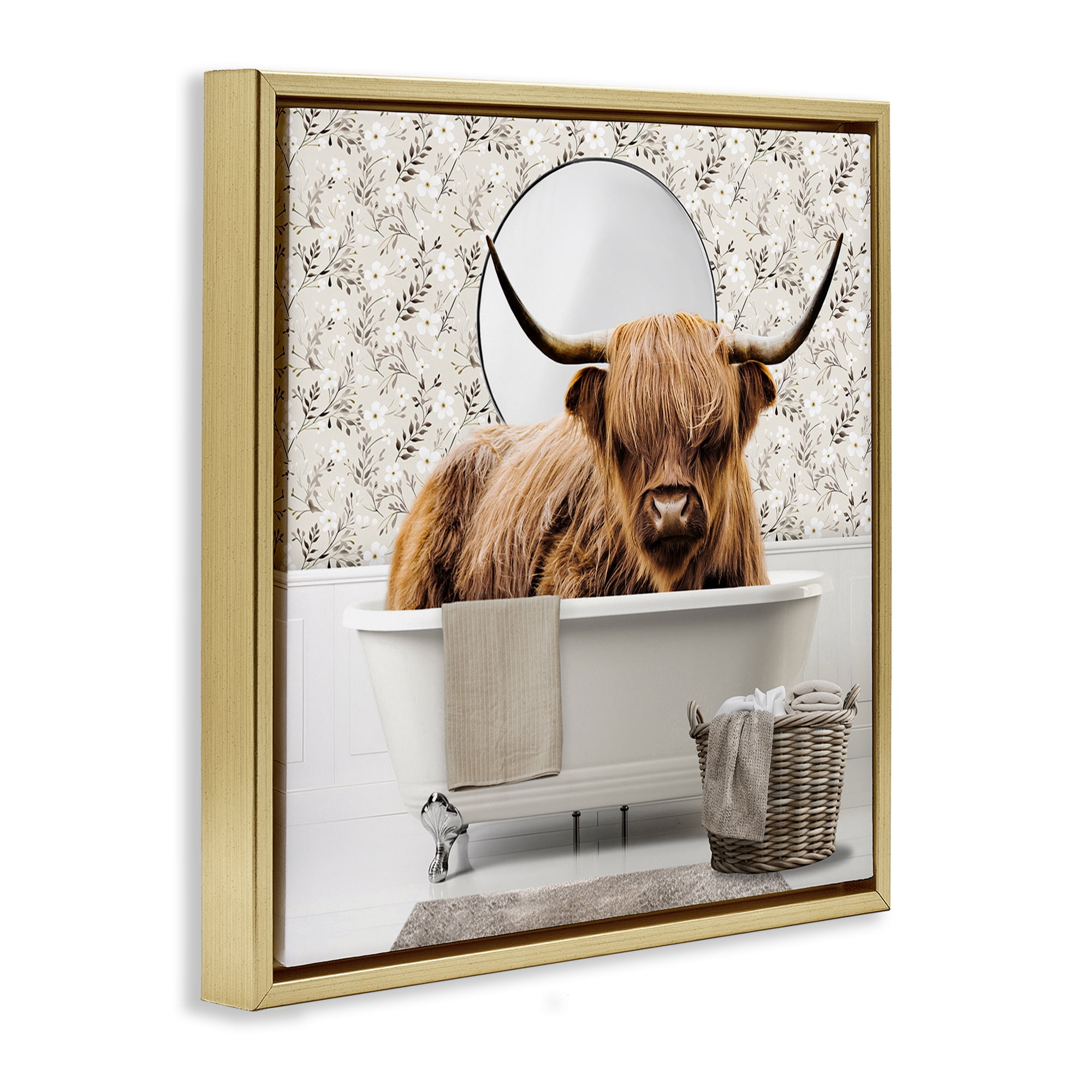 Stupell Industries Cottage Cattle Bath Time Gold Framed Floater Canvas Wall Art, design by CAD Designs