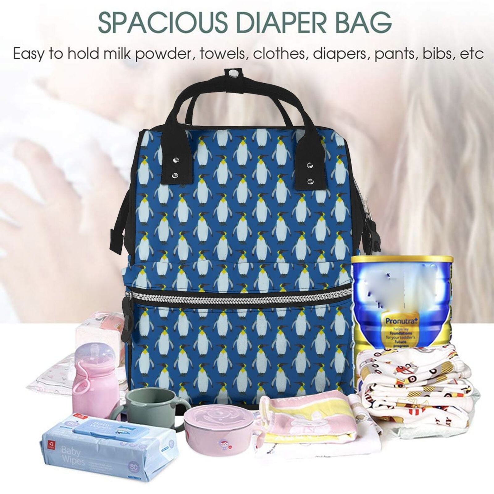 Ratiio Beautiful King Penguin Pattern Mummy Backpack - Waterproof Twill Canvas, Large Capacity Diaper Bag with Multiple Pockets and Adjustable Straps