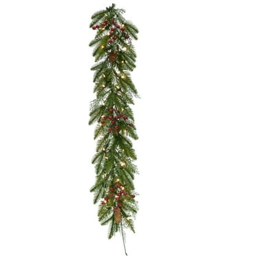 Fraser Hill Farm Mixed Pine Garland with Pinecones and Red Berries, 9-Ft. Long | Perfect Christmas Decoration for Door or Wall | Battery-Operated Warm White LED Lights | FF008CHGL-108-5GR