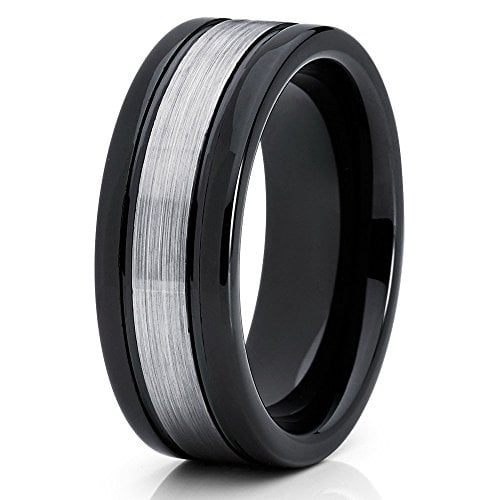 8mm Tungsten Carbide Ring Brushed Silver Center Black Polished Edges Comfort Fit Band (6)