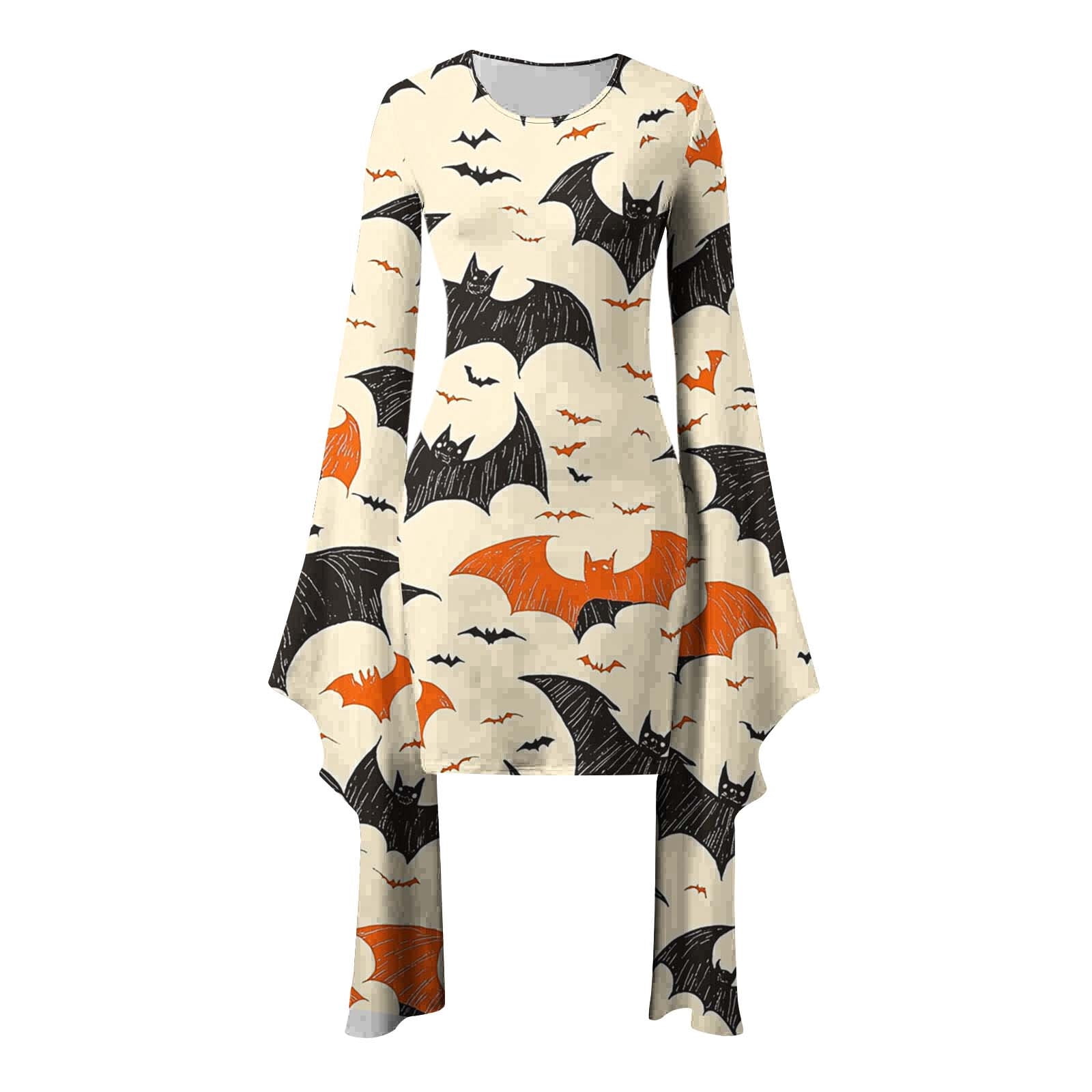 Womens Halloween Costumes Ghost Printed Bodycon Mini Dress Batwing Sleeve Crew Neck Masquerade Dresses Scream Costume