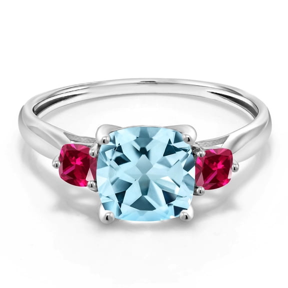 Gem Stone King 10K White Gold Sky Blue Topaz and Red Created Ruby 3 Stone Engagement Ring for Women (2.30 Cttw, Cushion 7MM, Gemstone November Birthstone, Size 6)