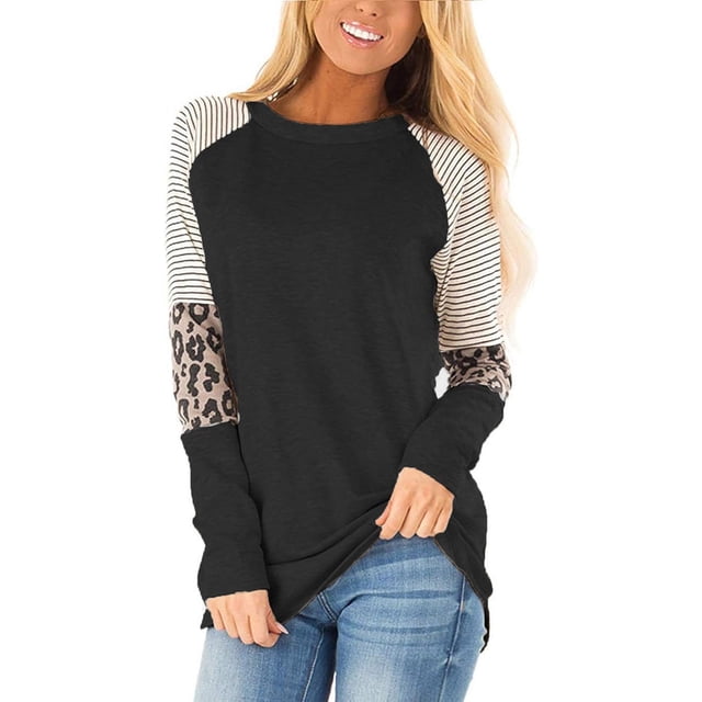 Blusas con estampado de leopardo y manga larga con bloques de color para mujer, camisas casuales holgadas a rayas con cuello redondo, blusas tipo túnica