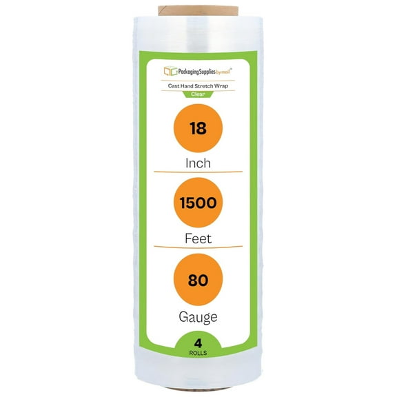 Stretch Film Wrap, Biodegradable Heavy Duty Shrink Wrap Roll, Clear, 18 Inch x 1500 Feet, 80 Gauge, 4 Pack