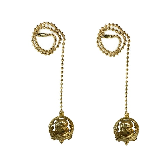 Royal Designs 24 Inch Adjustable Ceiling Fan Pull Chain Extension with Botanical Owl Ornament, Polished Brass, Set of 2