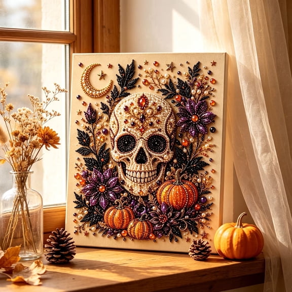 3D Halloween Pearl Skeleton Art DIY Kit, Diamond Art Painting Craft for Beginners, Fall Holiday Home Wall Decor Piece, Warm Creative Gift Idea for Friend and Family
