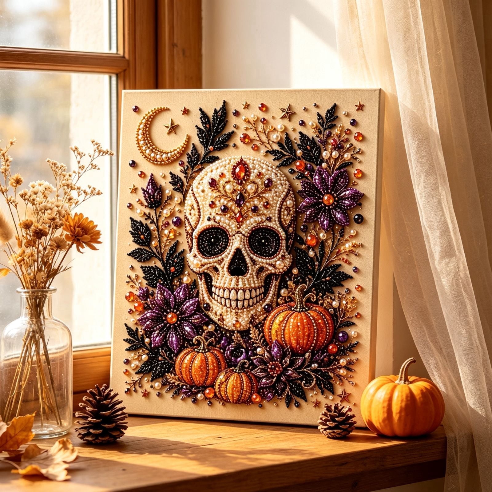3D Halloween Pearl Skeleton Art DIY Kit Diamond Art Painting Craft for Beginners Fall Holiday Home Wall Decor Piece Warm Creative Gift Idea for Friend and Family