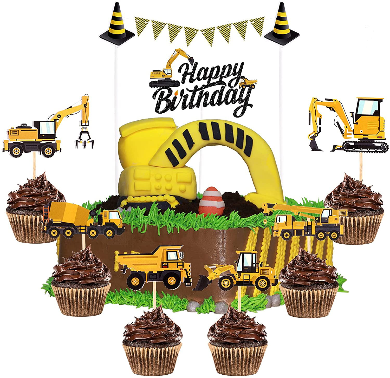 Dump Truck Excavator Tractor Party Cake Toppers for Kids Birthday Baby Shower Party Decorations Supplies. 35-pack Construction Cupcake Toppers Picks 