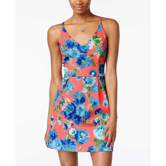 Crystal Doll Juniors’ Printed Crisscross-Back Scuba Fit & Flare Dress, Pink, 3