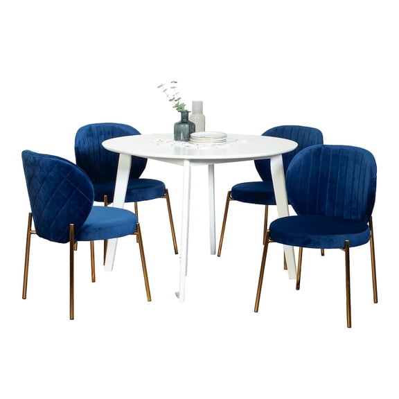 Roundhill Furniture Amoa Contemporary 5-Pc Dining Set, White Round Dining Table with 4 Chairs, Blue