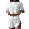 thumbnail image 4 of Jamicy Women's Pajamas Set Solid Color Casual Sleepwear Tee Shirts and Shorts Side Slit Crewneck Loungewear Two-Piece Set for Home Wear, 4 of 9