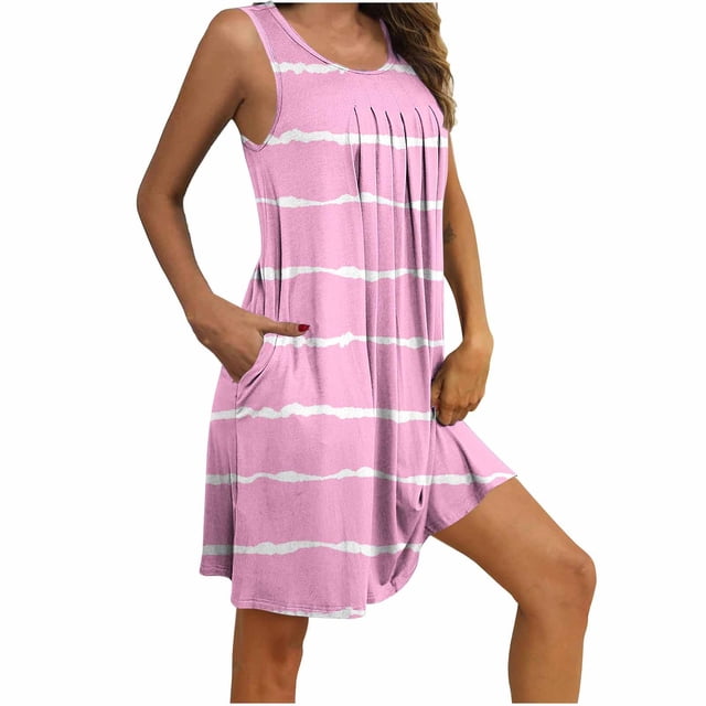 Camisón sin mangas con bolsillos y estampado para mujer, camisón plisado con cuello redondo, vestido de poliéster para mujer