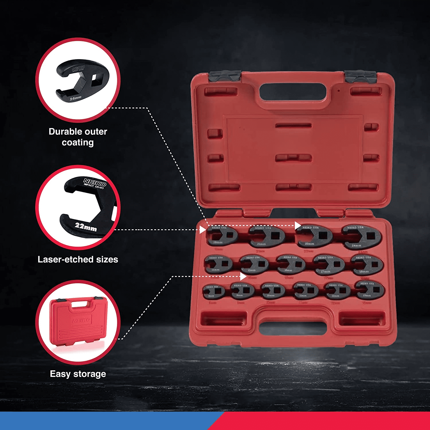 Neiko 03324A Crowfoot Wrench Set 1/2" and 3/8” Drive, 15 Piece, Metric Crows Foot Wrench Sizes 8mm-24mm, Chrome-Moly Flare Nut Wrench Set