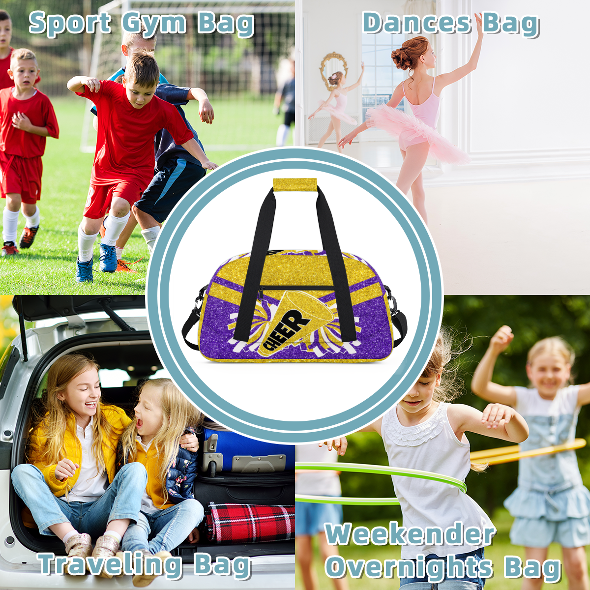 Herdesigns Cheer Bags Overnight Duffel Bags Cheerleading Purple Gold Sport Gym Bag Travel Bag Travel Waterproof Weekender Bag Carry On Travel Tote Bag Dance Bags