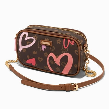 Claire's Brown Status Camera Style Bag, Unique Double-Zipper Crossbody Bag with Love and Pink Heart Icons for a Trendy Fashion Statement, 8" W x 6" H
