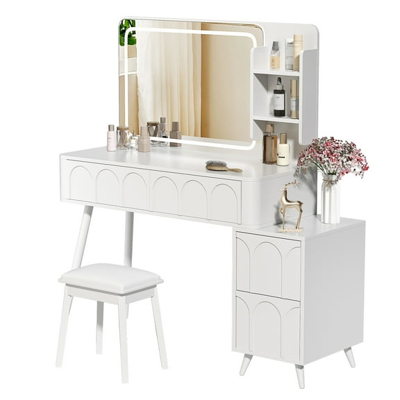 Vanity Desk Modern Makeup with LED Lights & Mirror, 4 Drawer Dressing Table Set with Stool, 3 Colors Dimmable Brightness, Space-Saving for Bedroom, White
