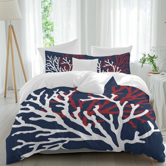 3 Piece Red White Coral Duvet Cover Set California King,Microfiber Comforter/Quilt Cover with Corner Ties and 2 Pillowcases,Summer Ocean Nautical Coastal Navy Blue Soft Bedding with Zipper Closure