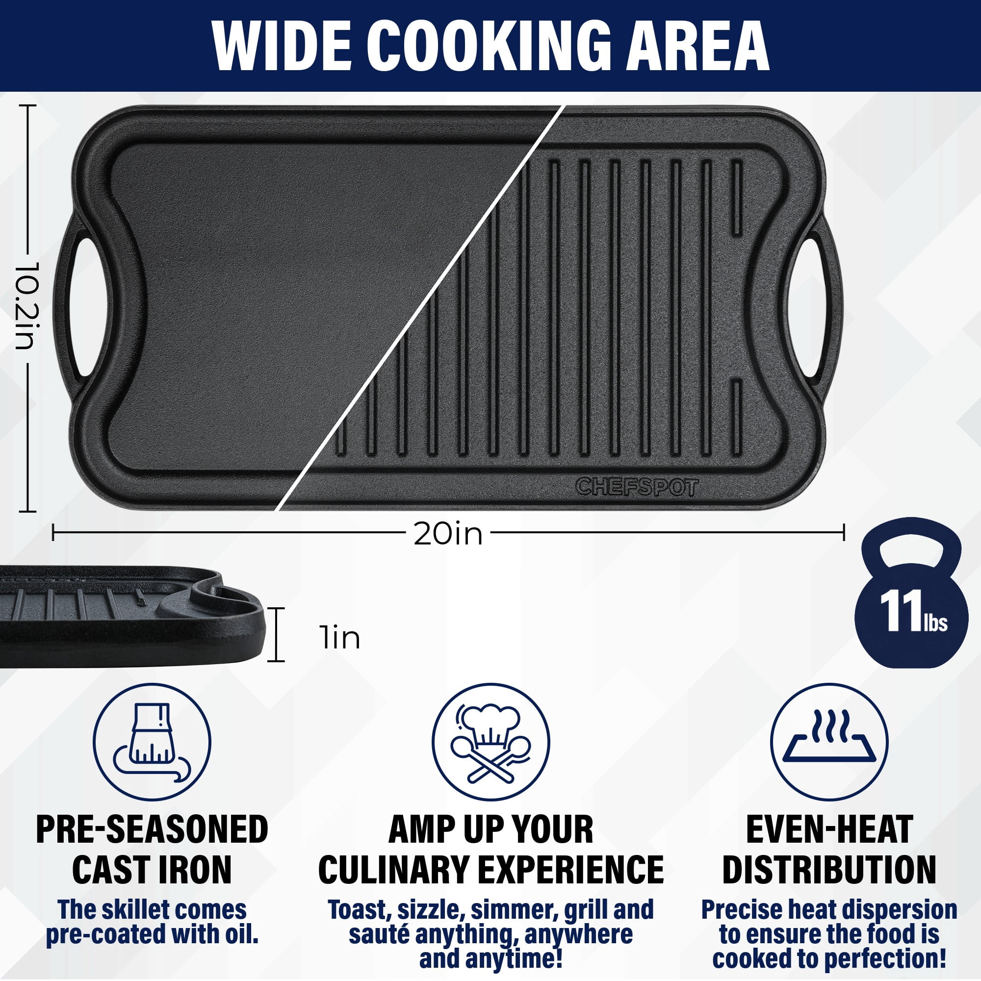 CHEFSPOT 20" x 10" Pre-Seasoned Cast Iron Reversible Grill and Griddle Pan, Double Burner