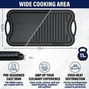 CHEFSPOT 20 x 10 Pre-Seasoned Cast Iron Reversible Grill and Griddle Pan, Double Burner