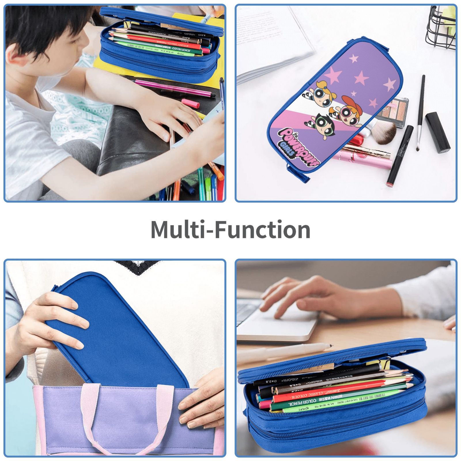The Powerpuff Gi-rls Pencil Case Large Capacity Pencil Pouch Pen Bag Office Stationery Organizer Travel Makeup Bag Blue