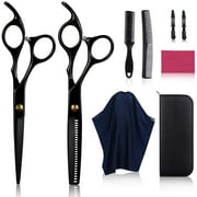 Hair Cutting Scissors Set 9 Pcs, RUEOO Professional Haircut Shears Kit with Stainless Steel Cutting Scissors& Thinning Scissor, Black Hair Shears Set for Barber and Home