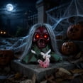 thumbnail image 7 of Animated Walking Skull Head with Light-Up Red Eyes Creepy Moving Halloween Prop with Long Grey Hair Horror Music Motorized Resin Decoration for Party Yard Indoor Outdoor Spooky Decor Gift, 7 of 7