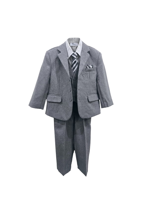 Boys' Formal Classic Fit Suit 5 Piece Set Dark Gray Includes Suit Jacket, Dress Pants, White Dress Shirt, Matching Suit Vest Clip-on Tie for Toddlers, Little Boys, Big Kids
