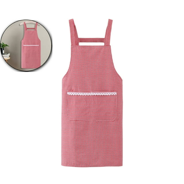 Dvruxg Summer Breathable Canvas Apron – Check Style Cotton Workwear for Cooking, Gardening(Red)