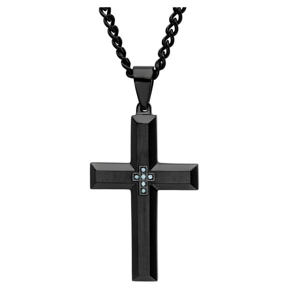 Men's Black Stainless Steel Blue Diamond Accent Cross Pendant Necklace