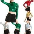 thumbnail image 6 of CENL Women Faux Leather Shiny Wetlook Mock Neck Long Sleeve Crop Top Dance Clubwear, 6 of 9