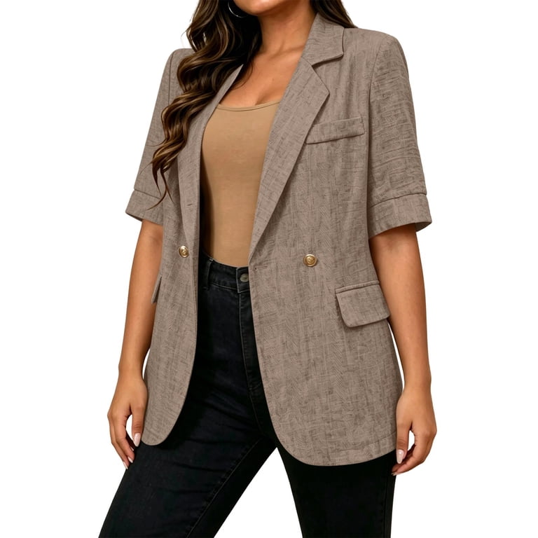 short sleeve dress jackets Stamzod Short Sleeve Blazers for Women Fashion Lapel Open Front Dress Jacket Business Casual Suit Jackets Coats Khaki L, Women's, Size: Large