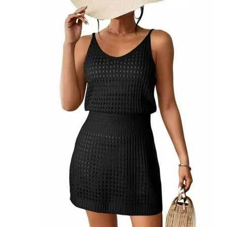 SWSMCLT Women s Above Knee Bikini Cover Up Pull On Coverup Dress Cami Cover Up Casual Cool Curvy Cable Knit Black Small