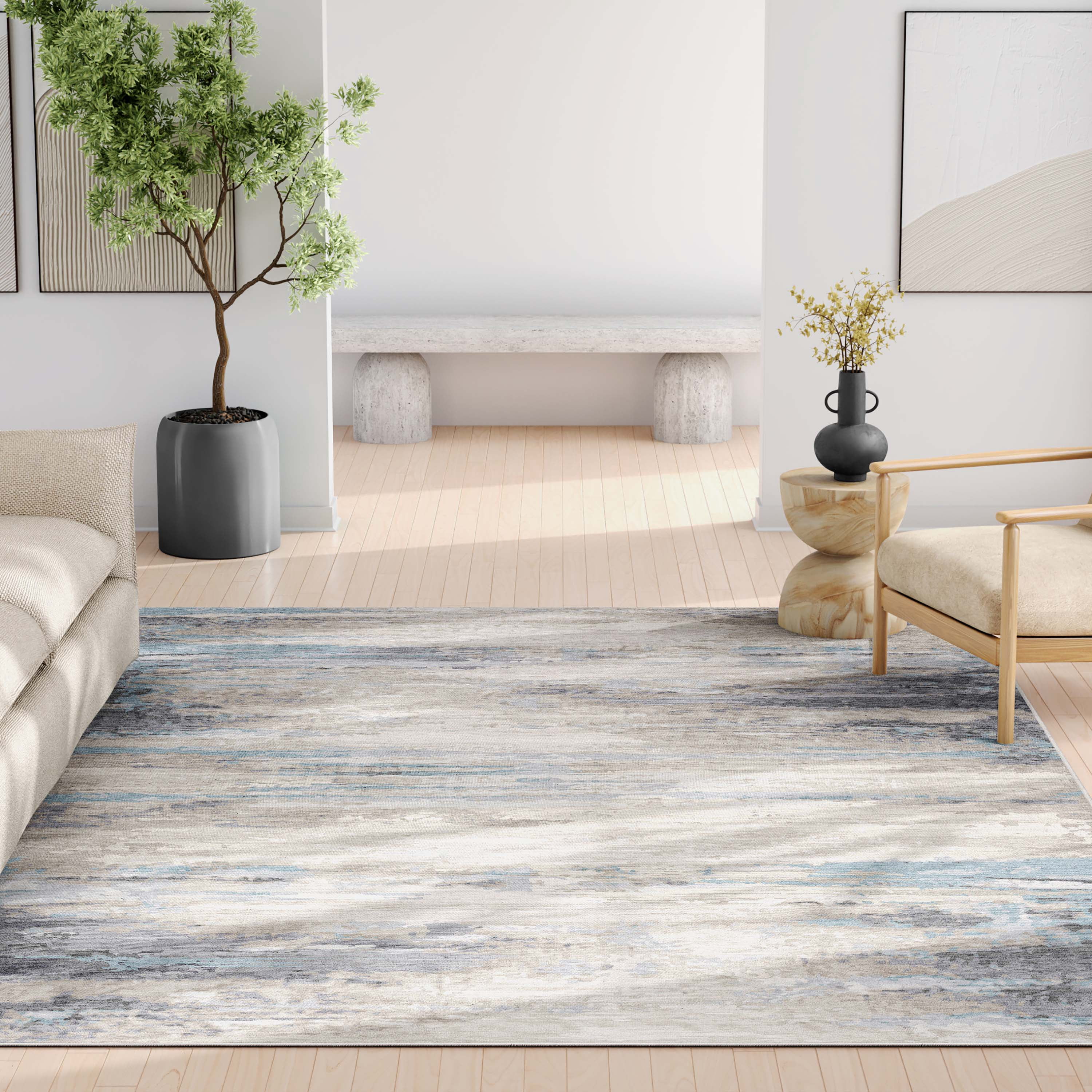 Well Woven Abstract Tuscany Modern Mid-Century Brushstroke Flat-Weave Beige Blue 7'7" x 9'10" Area Rug