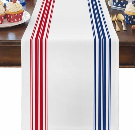 Table Runner Dresser Scarves 90 Inch Long,Blue Red Lines Stripe Linen Dining Table Runners