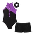 thumbnail image 4 of YONGHS Kids Girls Shiny Gymnastics Leotard with Athletic Shorts Hair Band Set Tracksuit Ballet Dance Outfits Unitard Purple&Black-A 8, 4 of 5